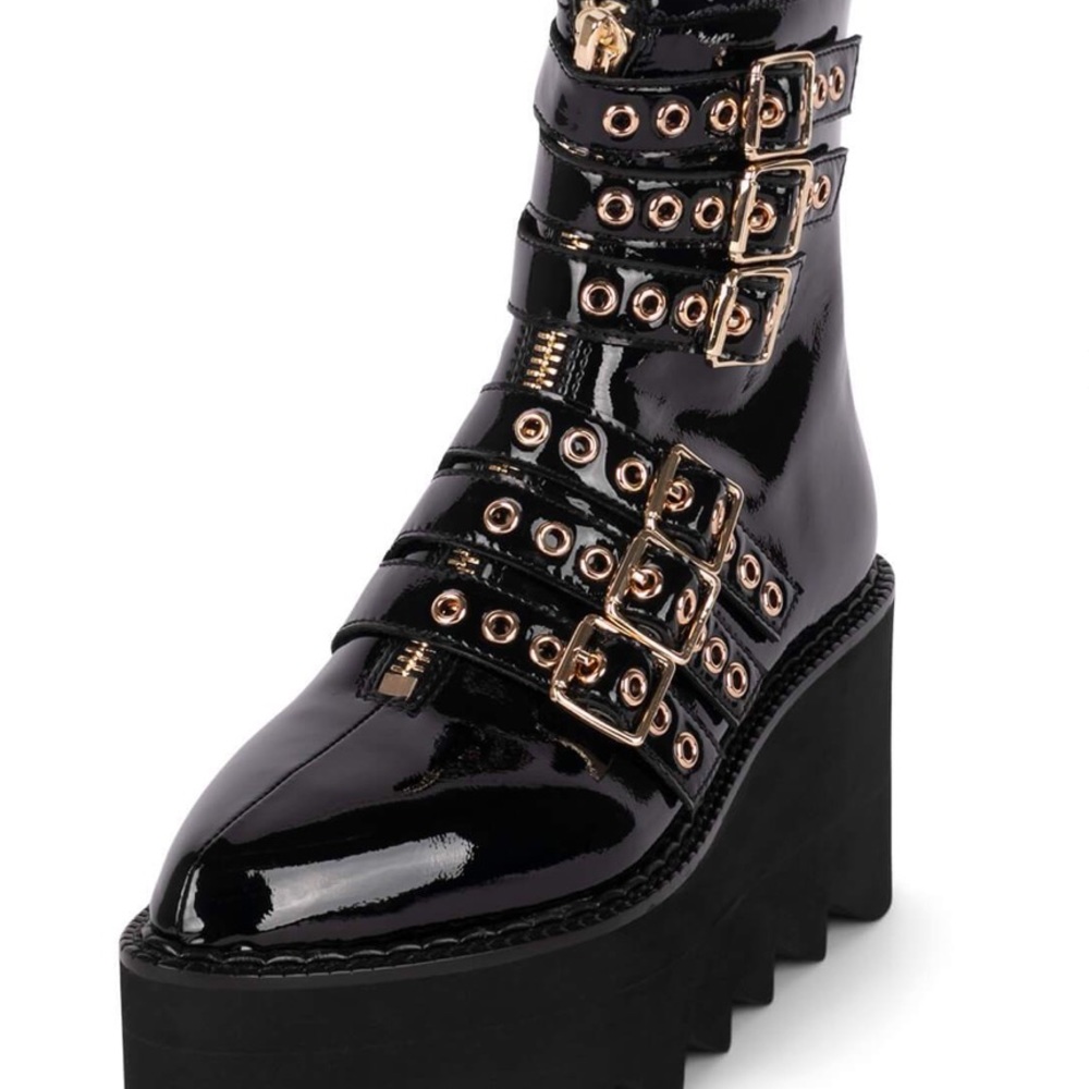 Jeffrey Campbell Black Patent Ankle Boots with Gold Accents